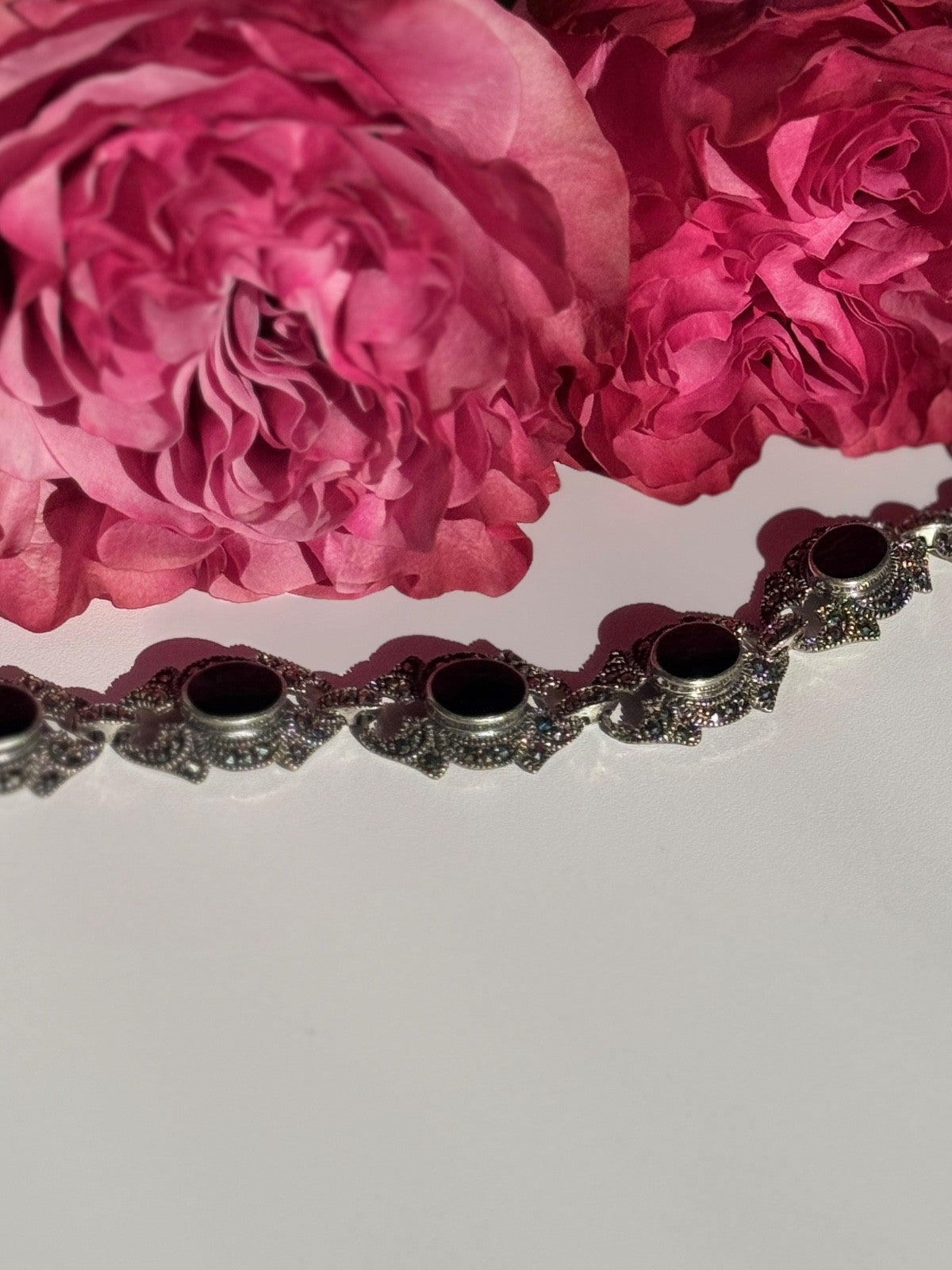 Vintage 925 Sterling Silver Onyx & Marcasite Bracelet 7 Inch