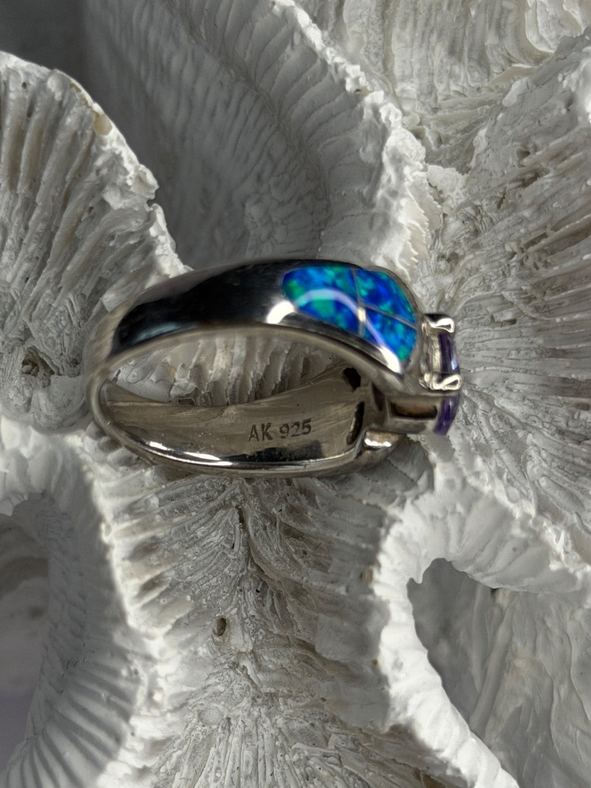 AK 925 Sterling Silver Amethyst & Opal & Beryl Ring Size 8