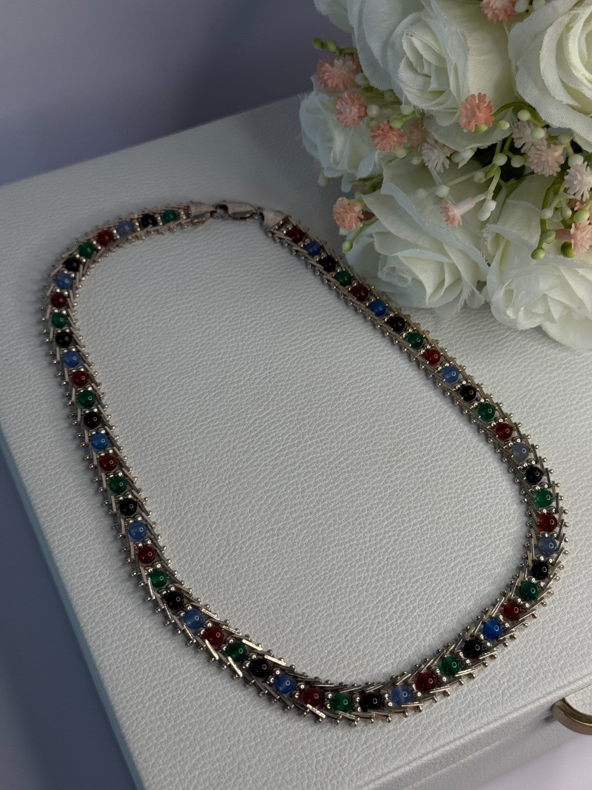 925 Sterling Silver Italy Milor Multicolor Agate Necklace Length 17 Inch