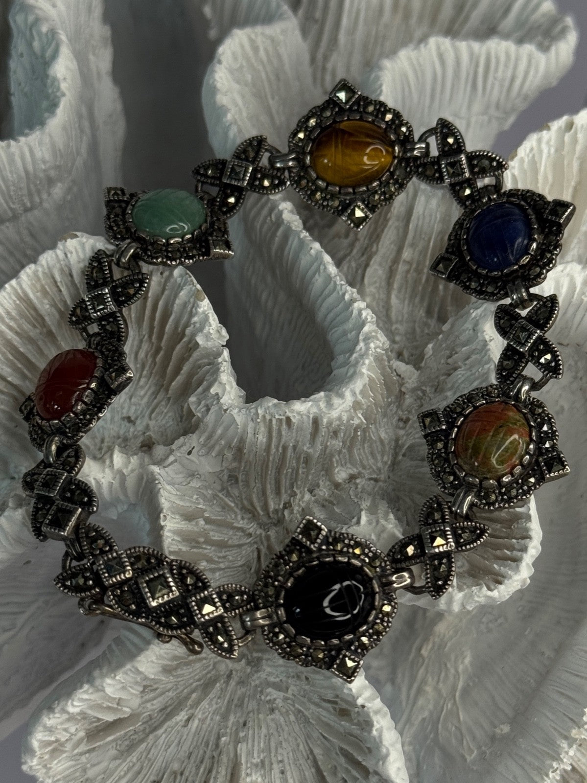 Vintage 925 Sterling Silver Multi Color Stones Bracelet Lenght 8