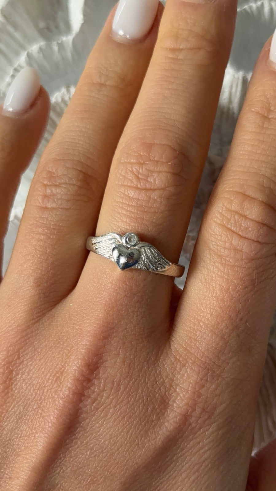 925 Sterling Silver Heart Wings Colorless Topaz Ring Size 9