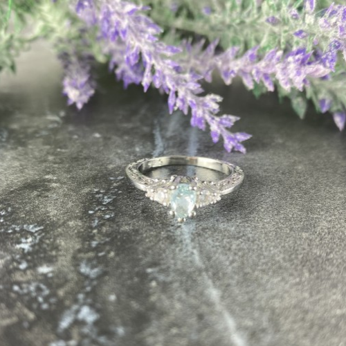 925 Sterling Silver Aquamarine & CZ Ring Size 6.5