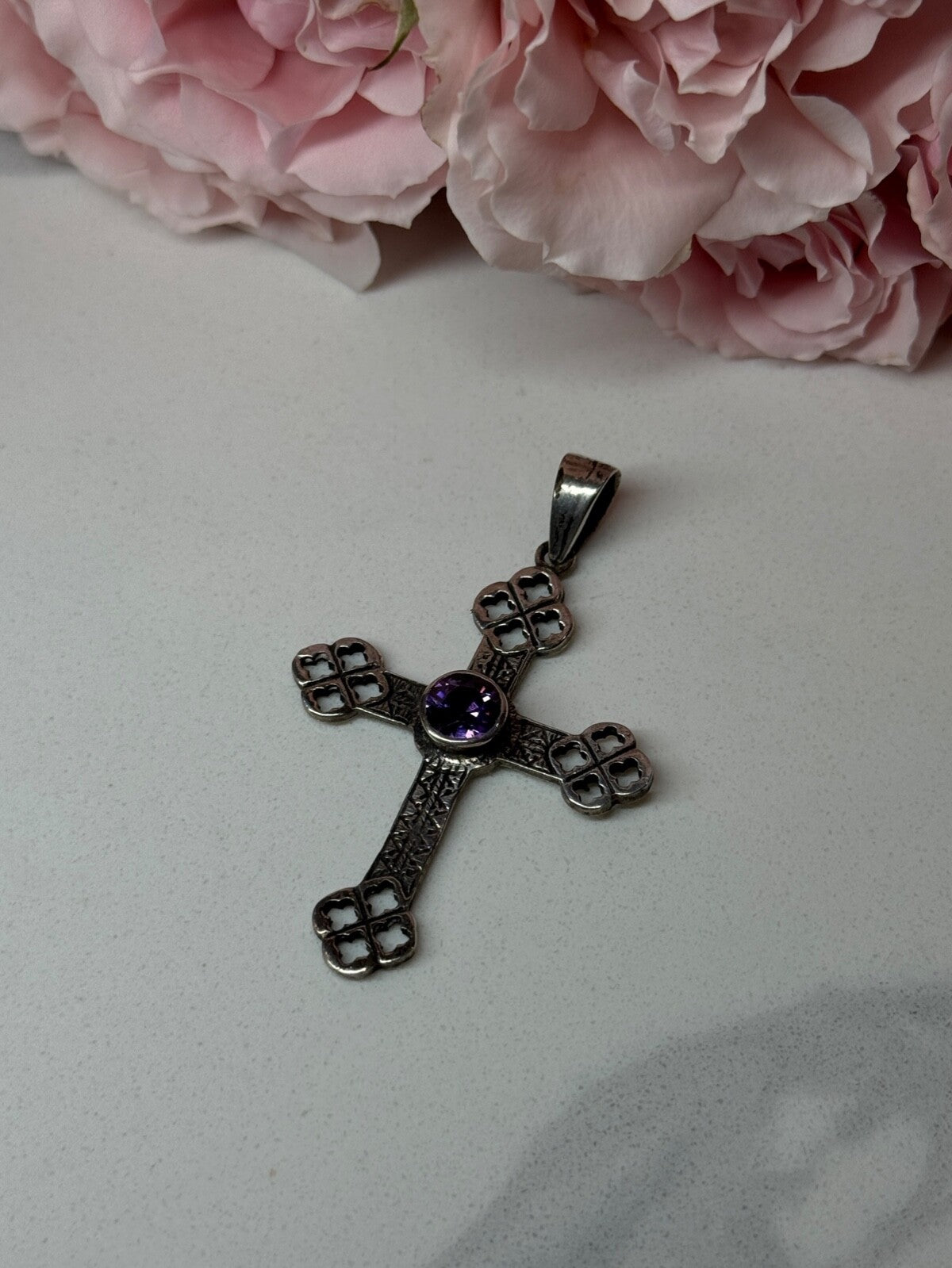 925 Sterling Silver Amethyst Cross Length 2.2 In