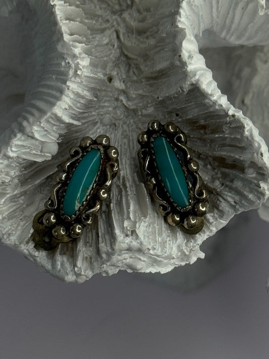 Vintage 925 Sterling Silver Turquoise Clip-On Earrings Length 0.60 Inch