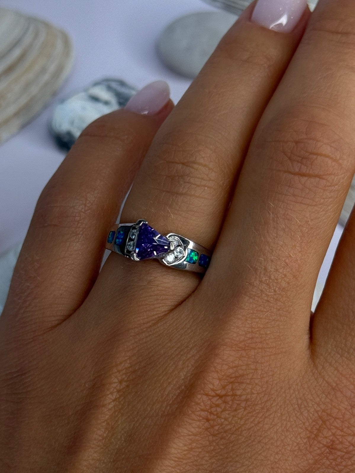925 Sterling Silver Amethyst & Beryl & Opal Ring Size 6.5