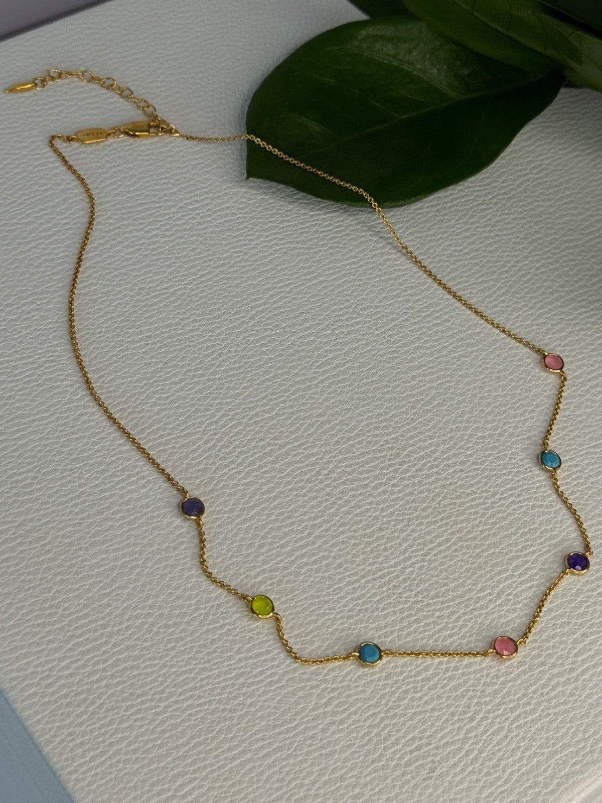 925 Sterling Silver Gold Plated Gemstones Necklace Length 15/16.5 Inch