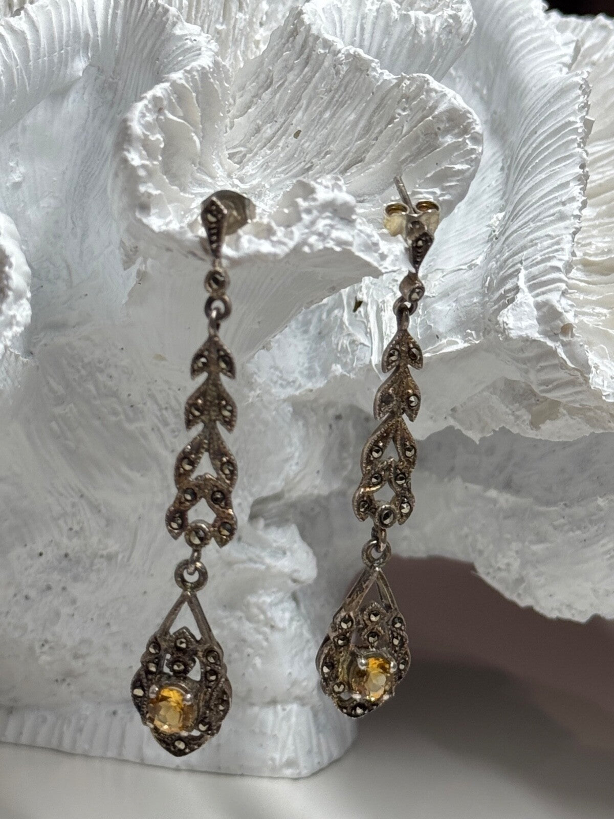 925 Sterling Silver Citrine & Marcasite Earrings Length 2.2 Inch