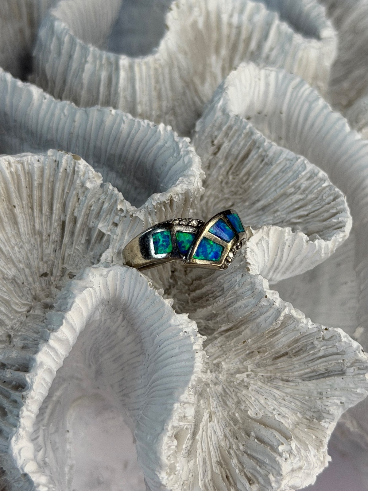 925 Sterling Silver Opal & Beryl Ring Size 7