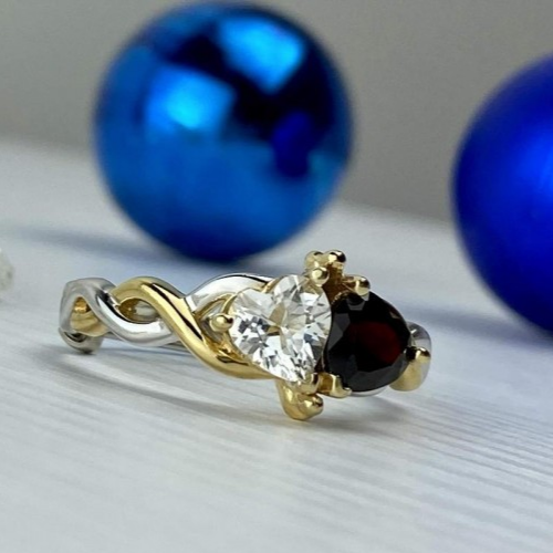 925 Sterling Silver Gold Plated Almandine & Spinel "Hearts" Ring Size 11.75