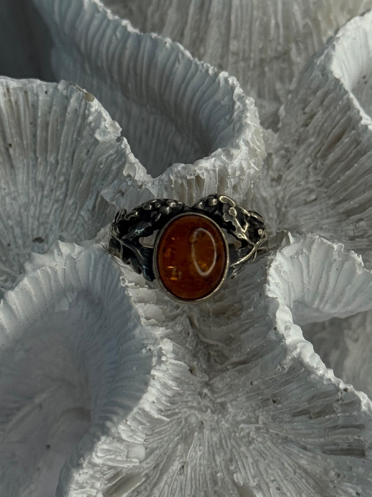 Vintage 925 Sterling Silver Amber Ring Size 8