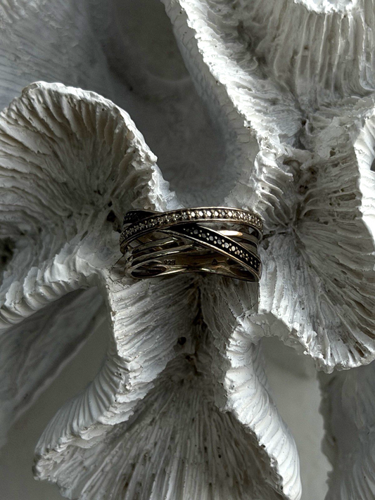 925 Sterling Silver White & Black Diamonds Ring Size 7