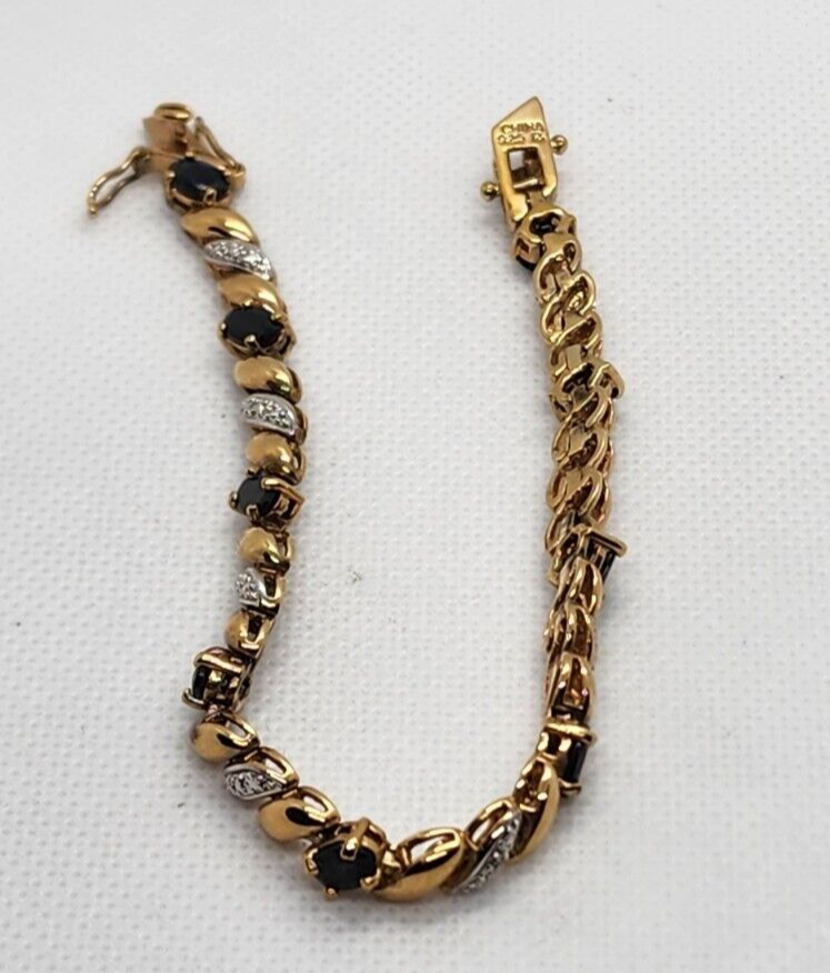 925 Sterling Silver Vermeil Sapphires AND Diamonds Bracelet Size 7.25 IN