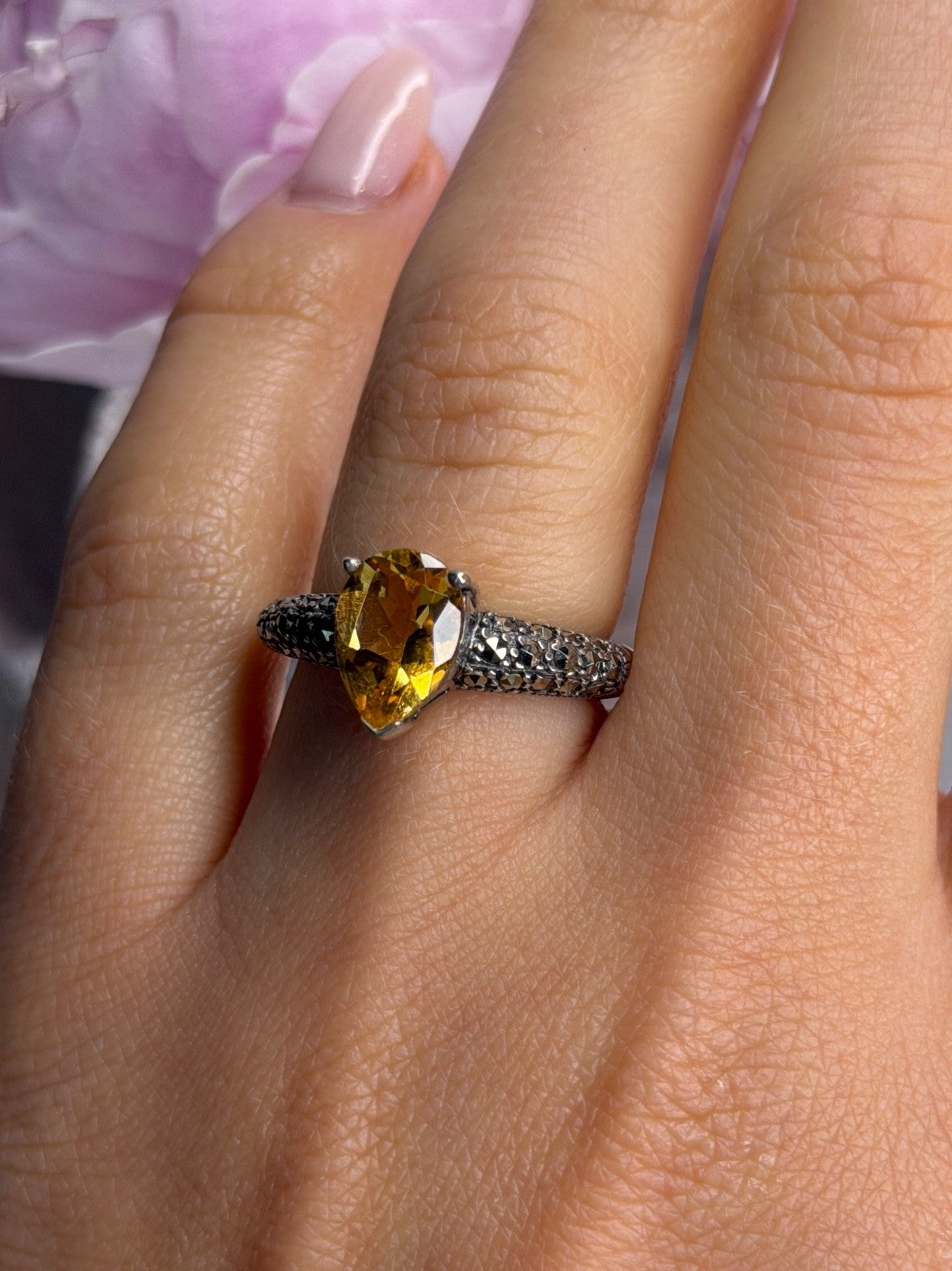 925 Sterling Silver Citrine & Marcasite Ring Size 7