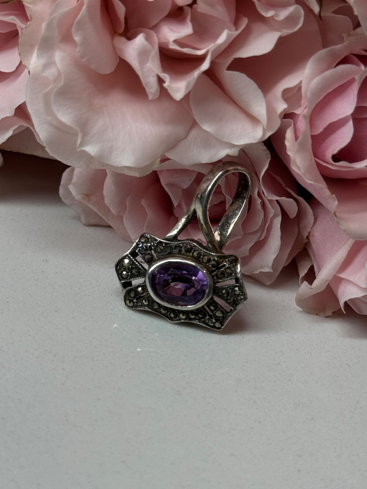 925 Sterling Silver Amethyst & Marcasite Pendant Length 1 In