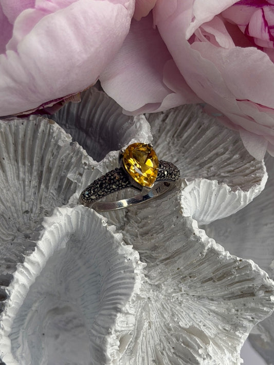 925 Sterling Silver Citrine & Marcasite Ring Size 7
