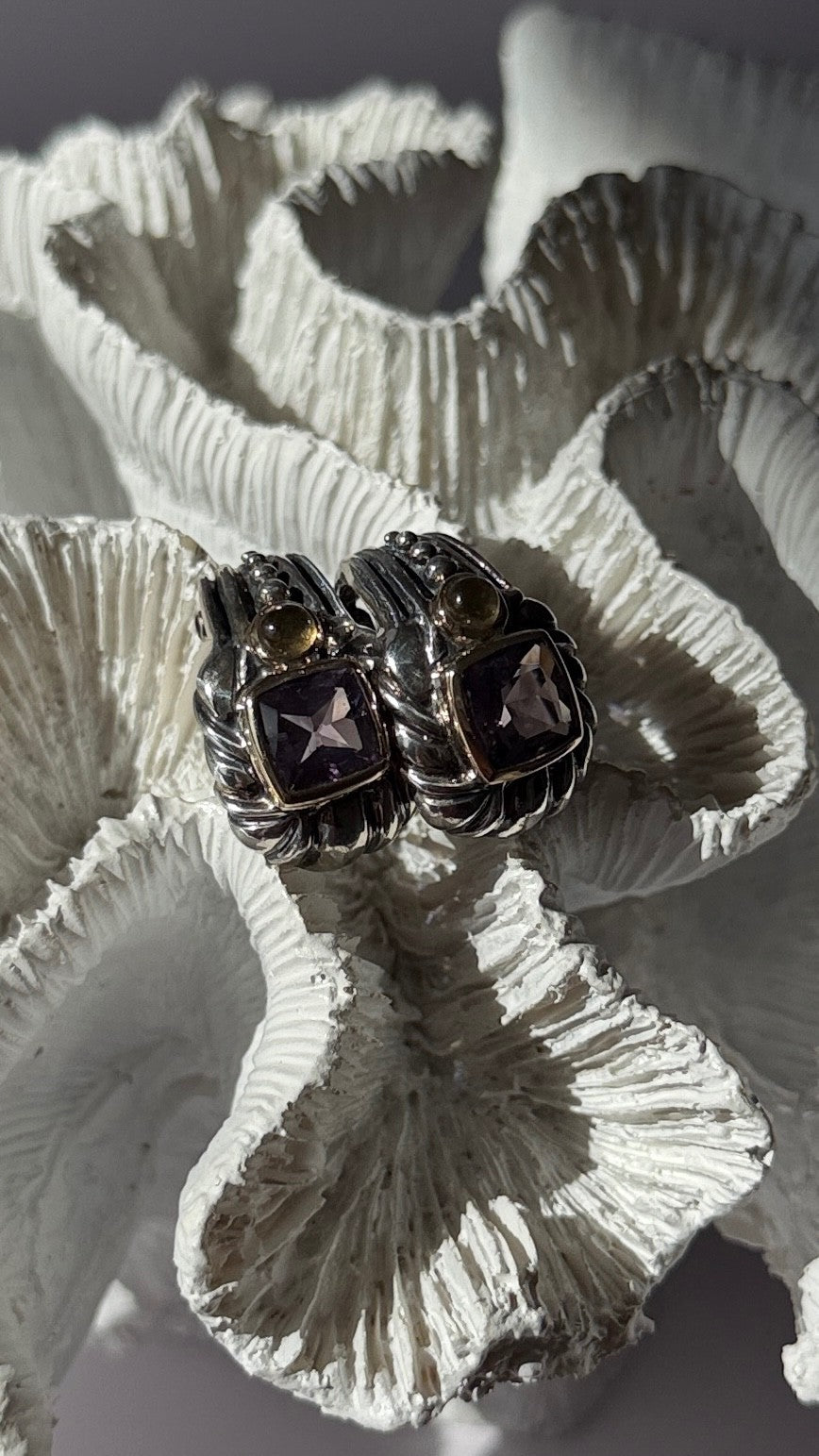 925 Sterling Silver Amethyst & Amber Clip Earrings