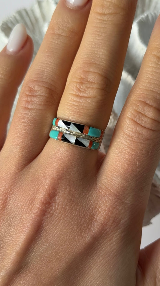 Zuni 925 Sterling Silver Multi-Stone Ring Size 8