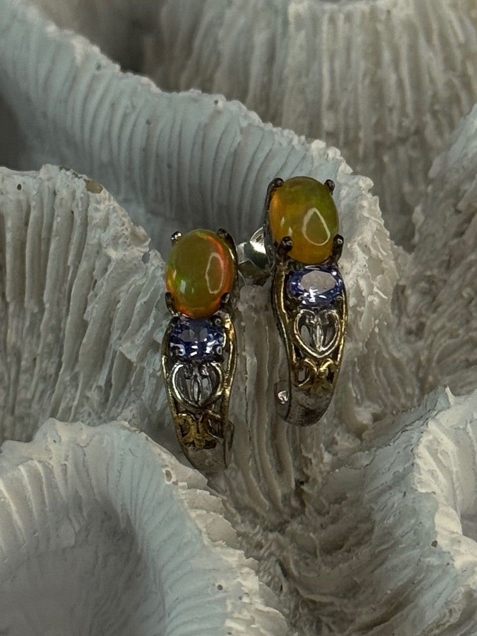 925 Sterling Silver Yellow Opal & Tanzanite Earrings Length 0.70 Inch