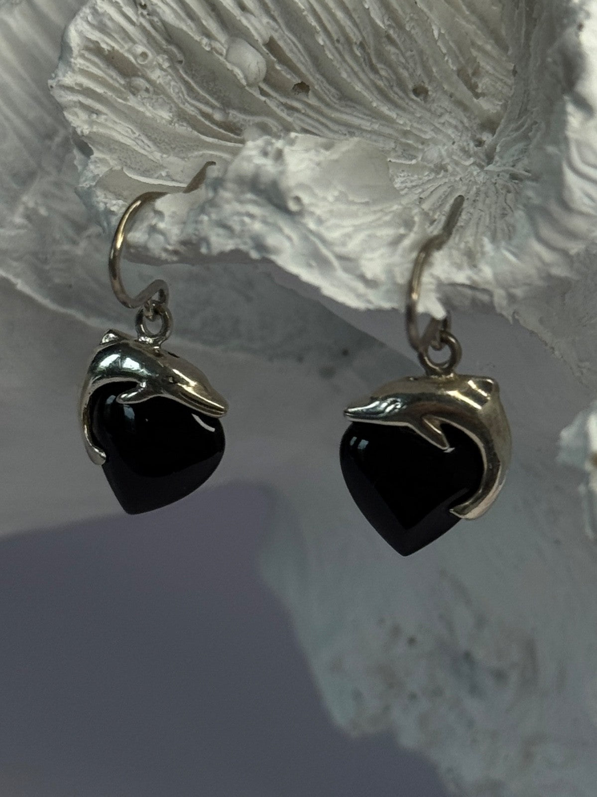 925 Sterling Silver Onyx Heart Dolphin Earrings Length 0.90 Inch