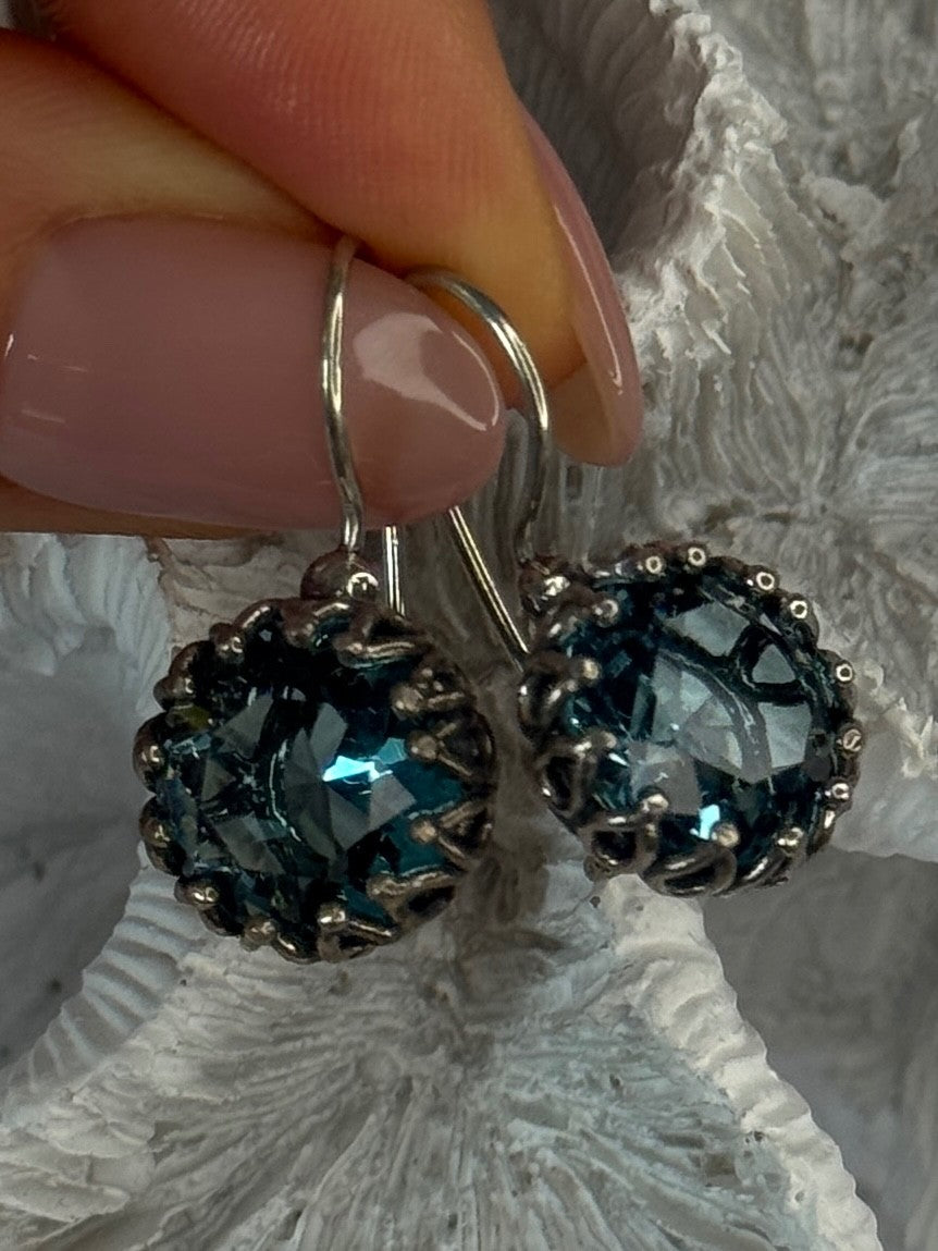 925 Sterling Silver Blue Tourmaline Earrings Length 1 Inch