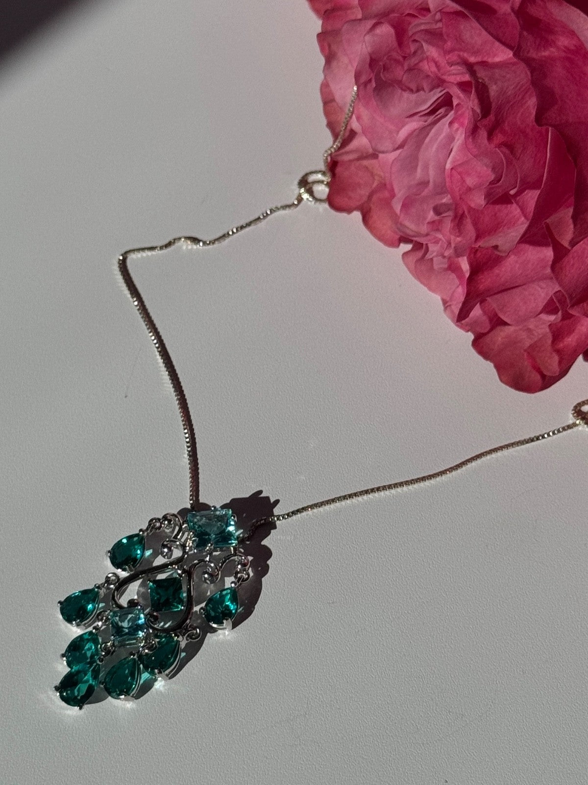925 Sterling Silver Aquamarine & Emerald Necklace Length 17 Inch