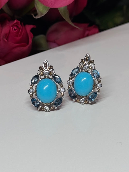 925 Sterling Silver Turquoise, Aquamarine & Beryl Earrings Length 1 Inch