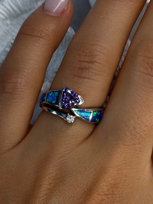 925 Sterling Silver Amethyst & Beryl & Opal Ring Size 7