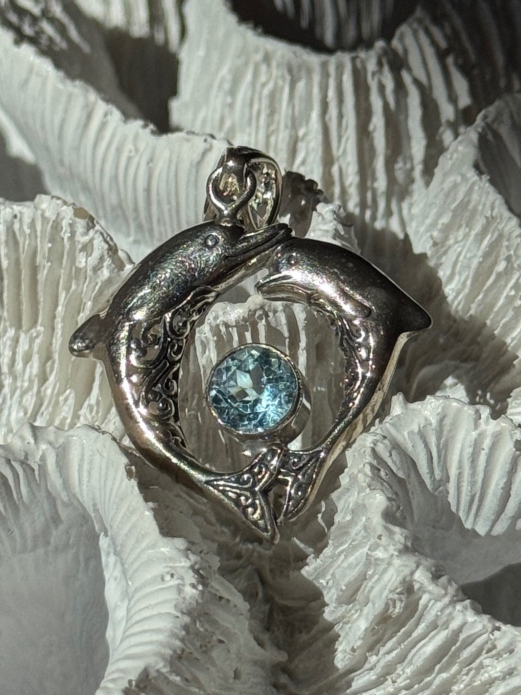 925 Sterling Silver Dolphins Topaz Pendant