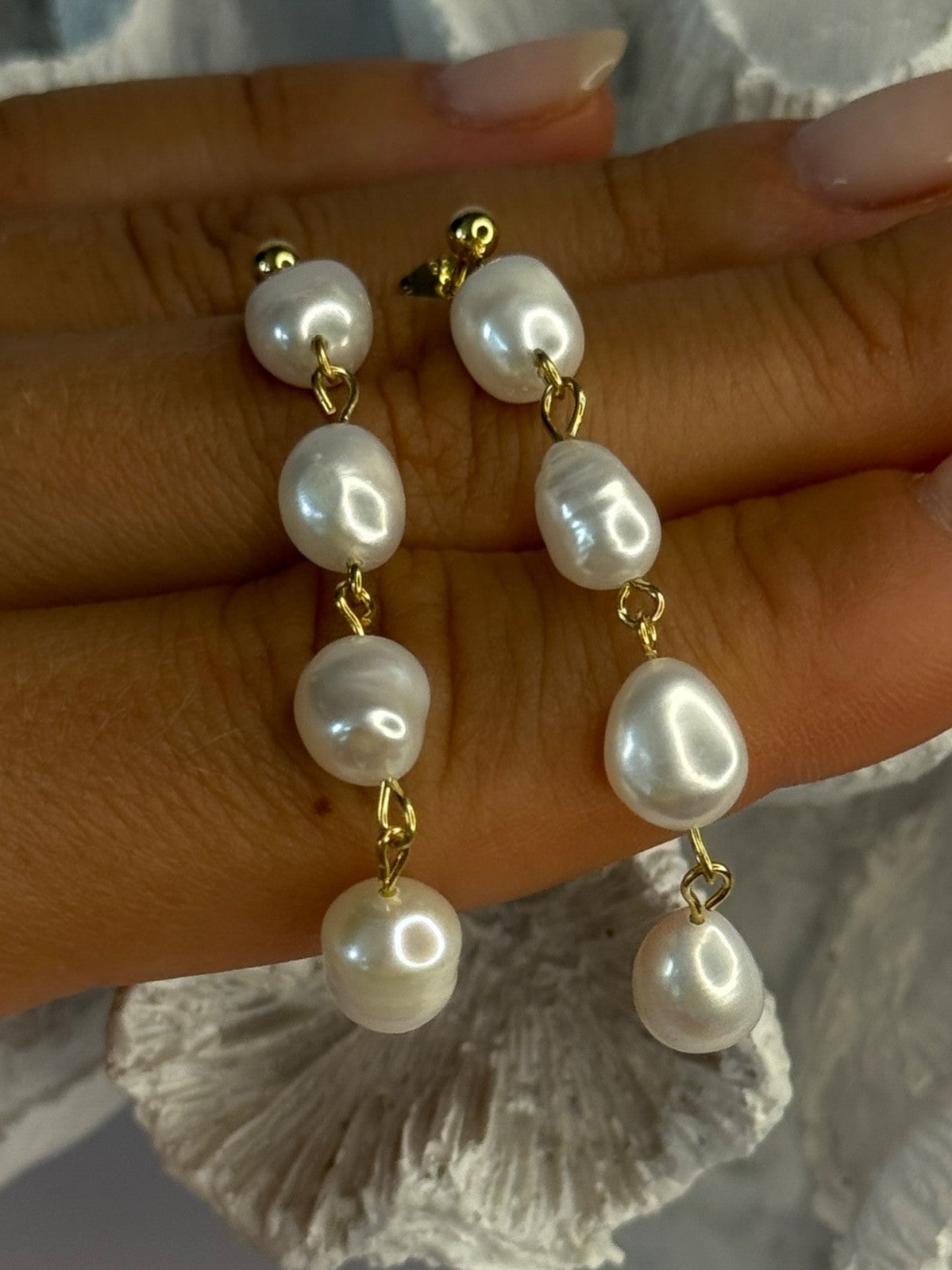 925 Sterling Silver Gold Plated Pearl Earrings Length 2.30 Inch