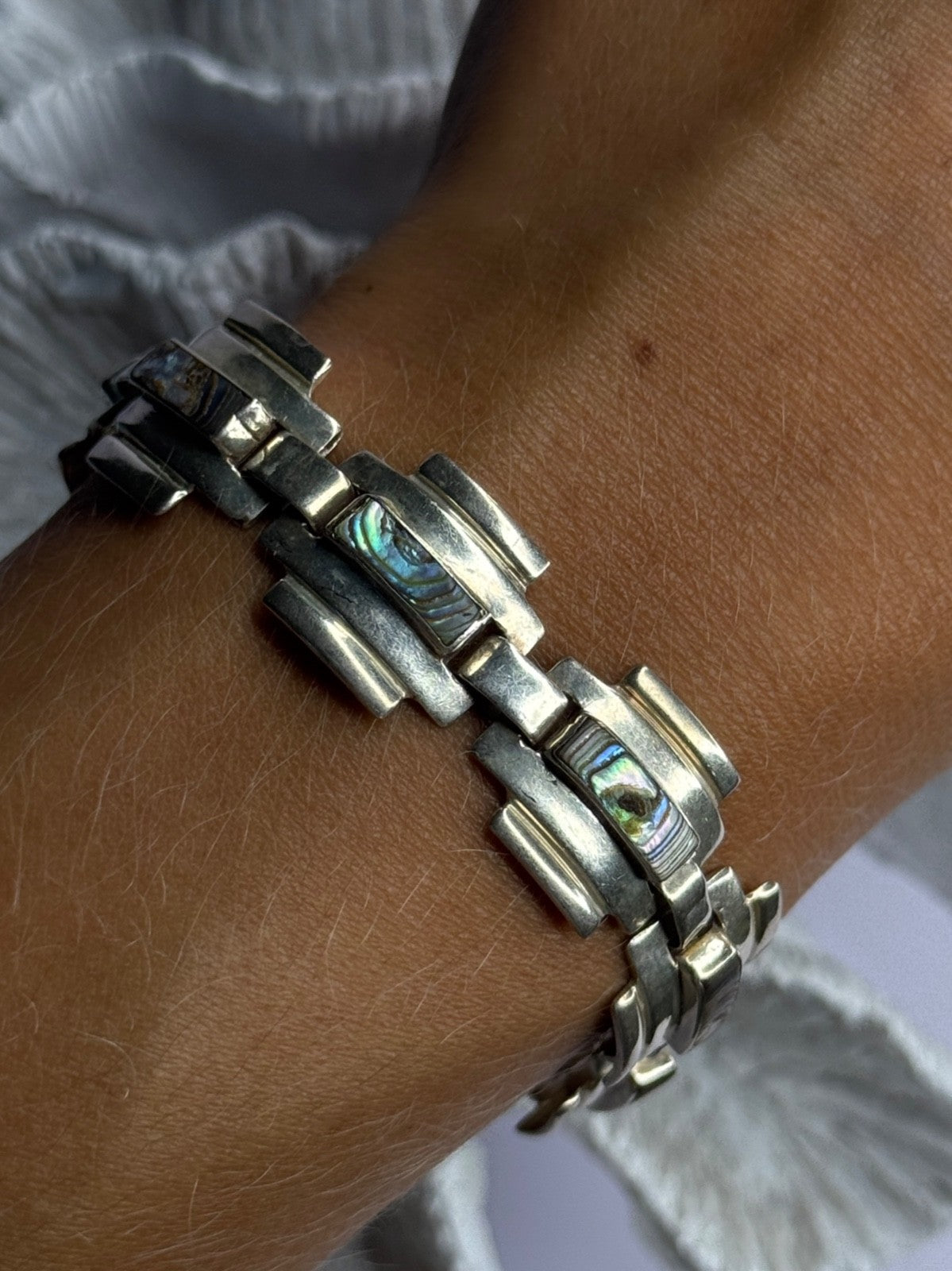 Vintage 925 Sterling Silver Abalone Bracelet Length 7