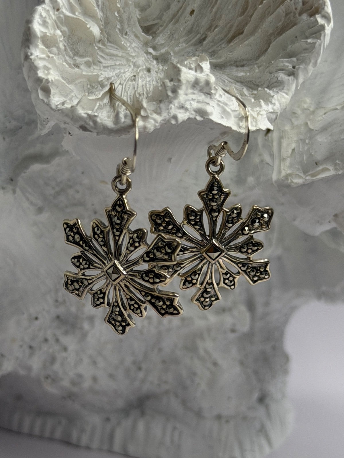 925 Sterling Silver Marcasite Snowflake Earrings