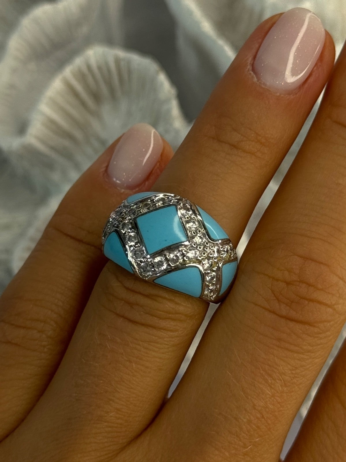 925 Sterling Silver Turquoise & CZ Ring Size 6