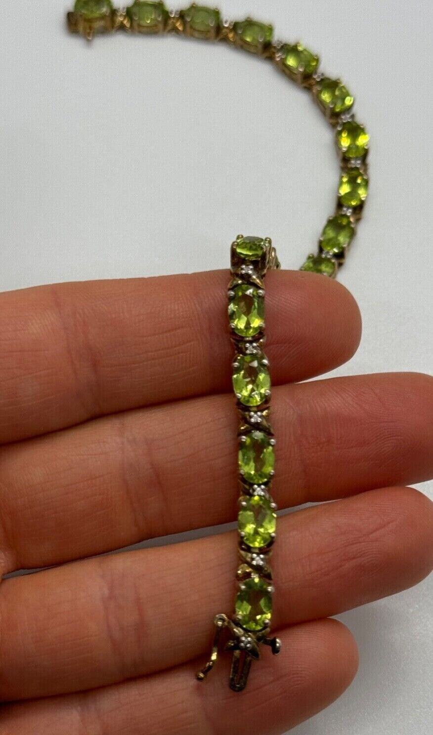 925 Sterling Silver Gold Plated Peridot & Diamonds Bracelet 7.5 in
