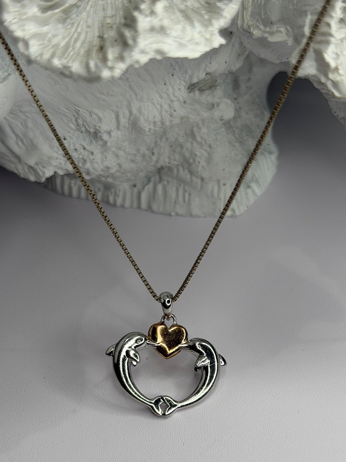925 Sterling Silver Gold Plated Heart & Dolphins Necklace Length 18 in