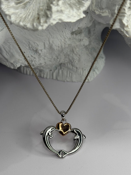 925 Sterling Silver Gold Plated Heart & Dolphins Necklace Length 18 in