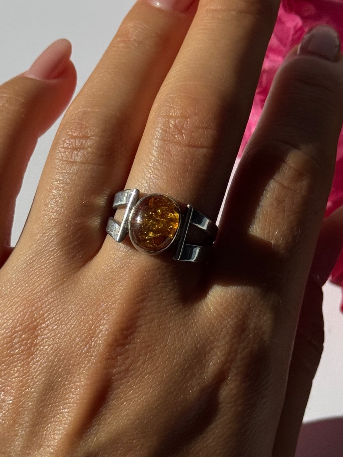 925 Sterling Silver Amber Ring Size 9.5