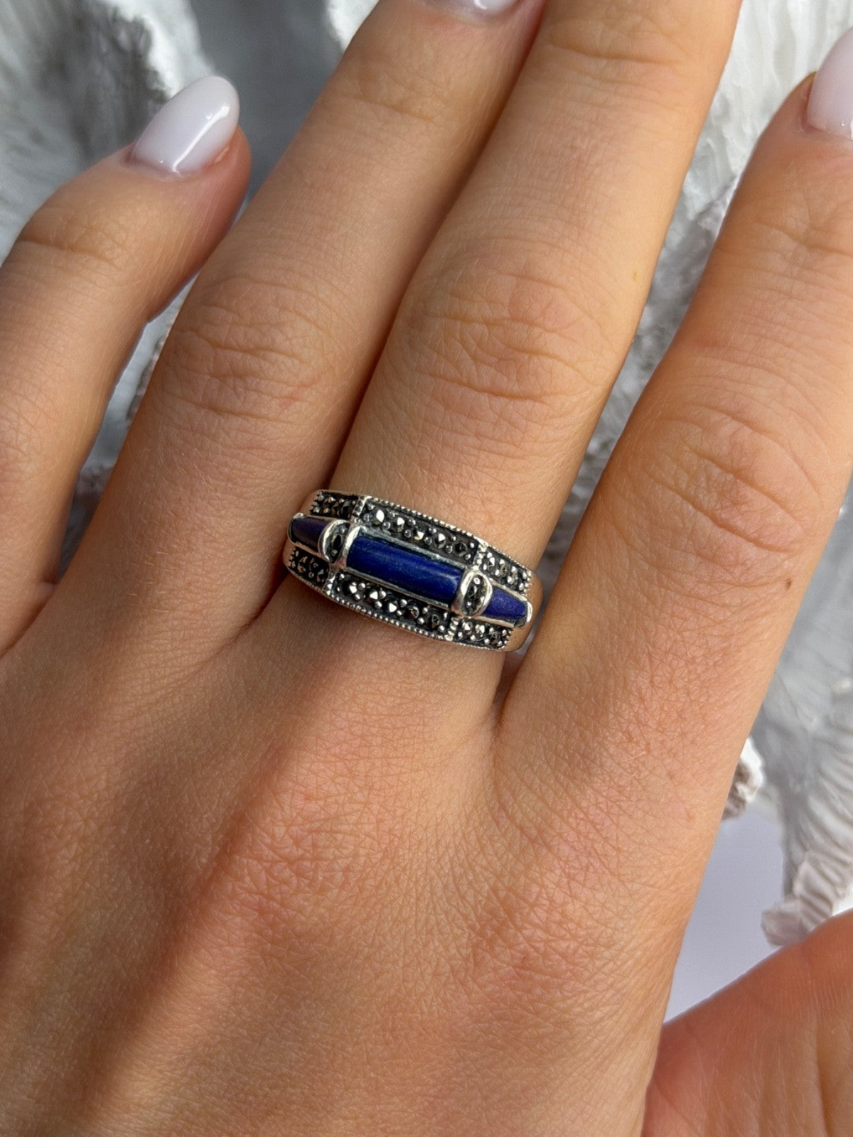 925 Sterling Silver Sodalite & Marcasite Ring Size 9