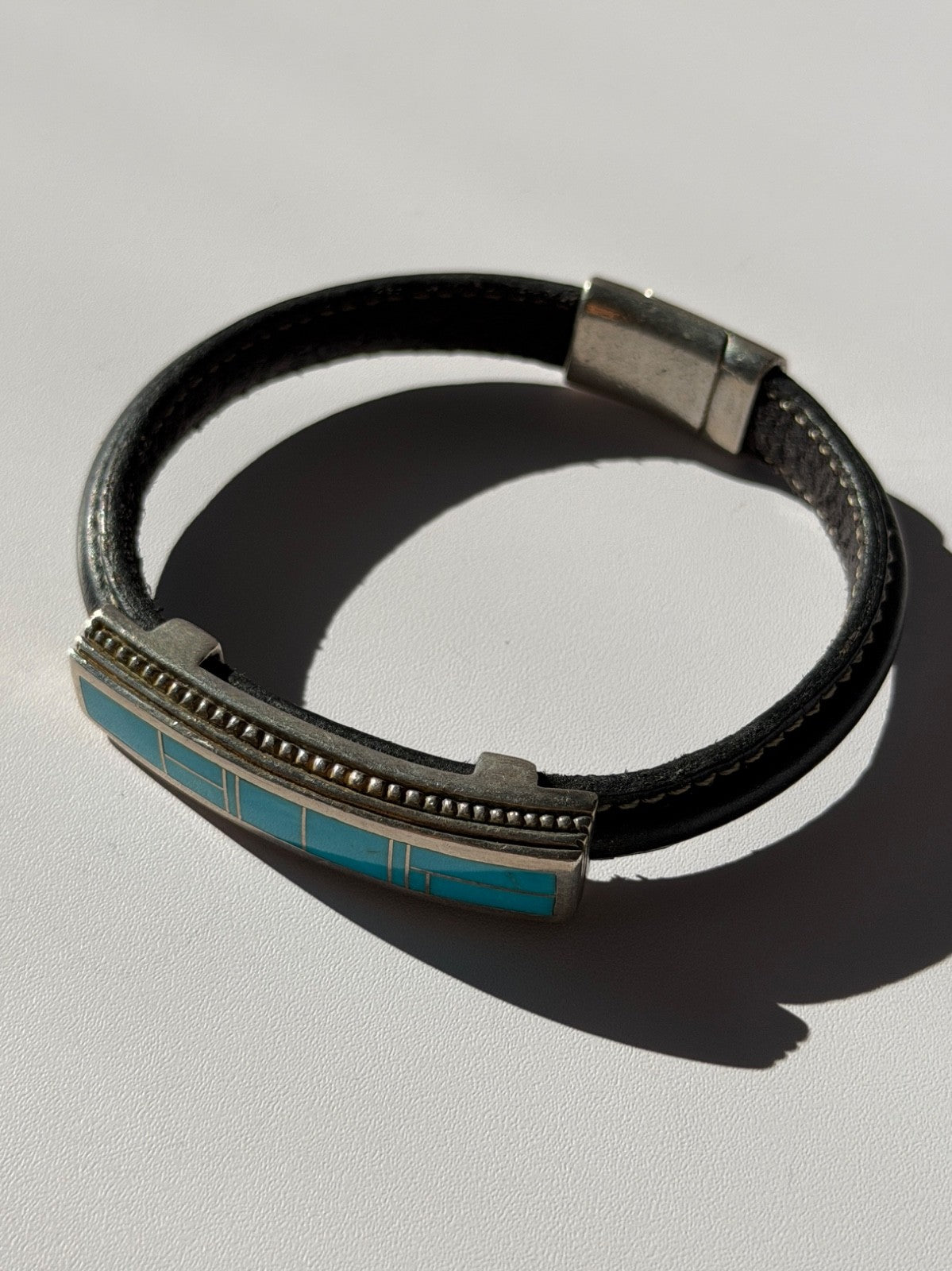 Leather & 925 Sterling Silver Turquoise Bracelet
