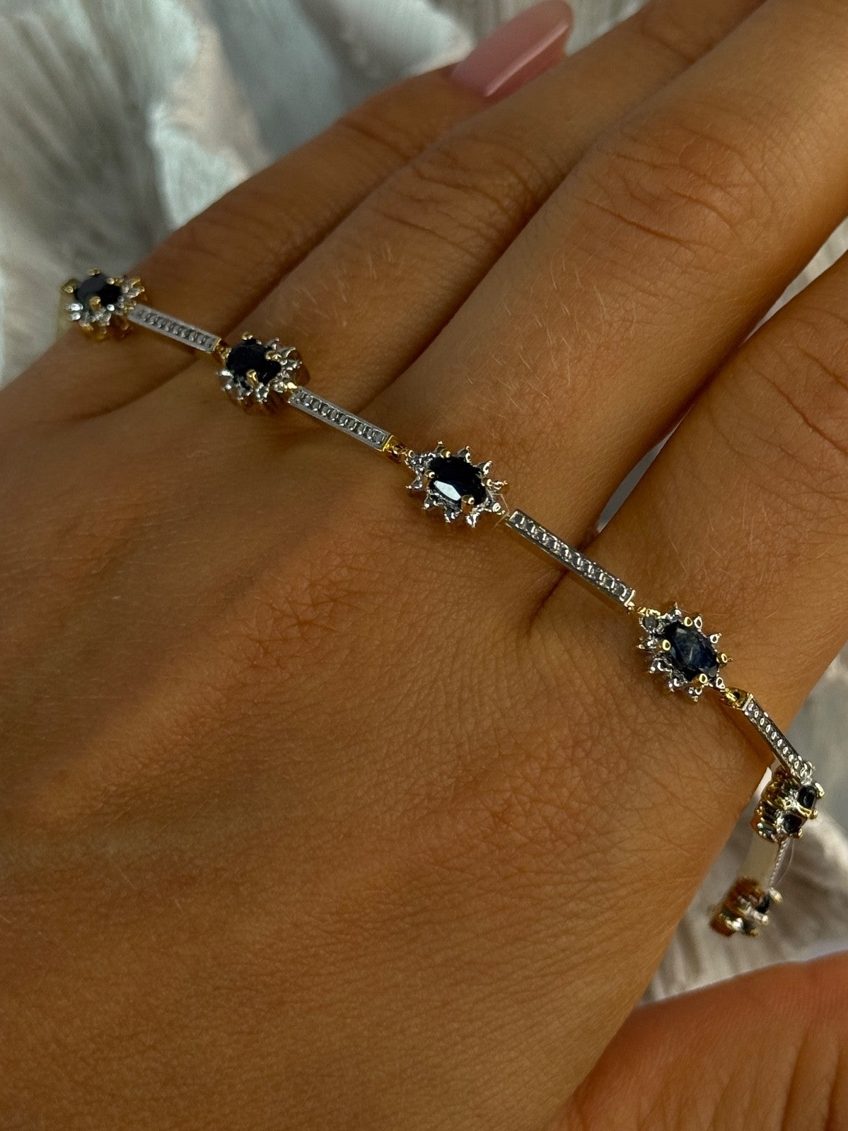 925 Sterling Silver Gold Plated Sapphire Bracelet Length 7