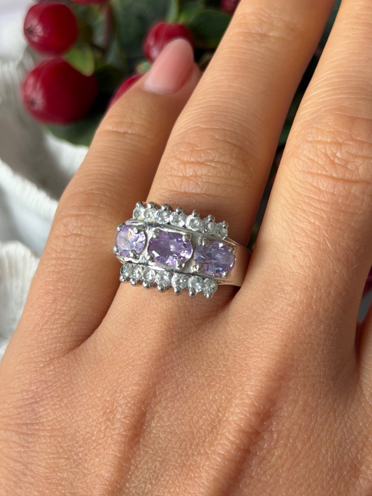 925 Sterling Silver Amethyst & Beryl Ring Size 7