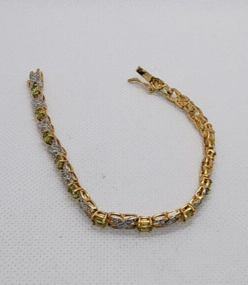 925 Sterling Silver Vermeil Peridot AND Diamonds Bracelet Size 7 IN