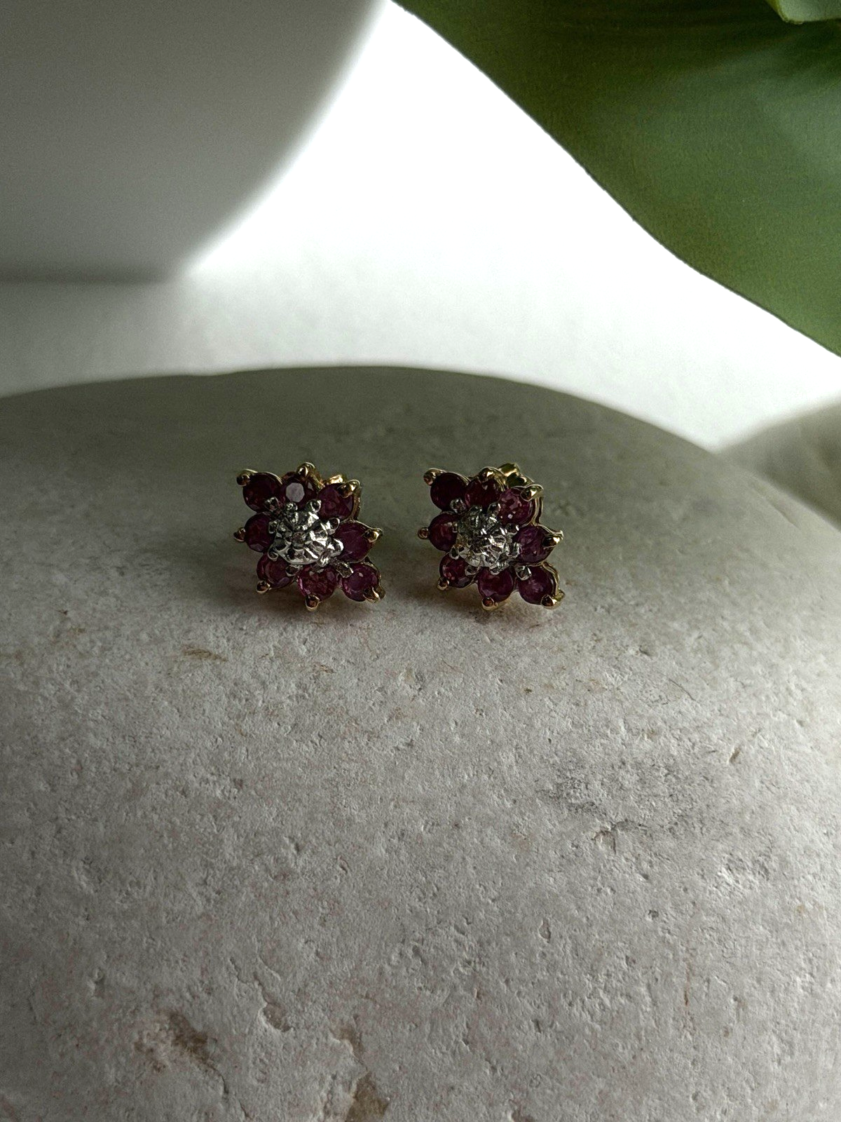 10K Yellow Gold Ruby & Diamond Flower Earrings