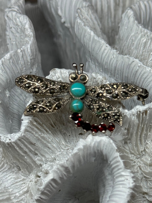 925 Sterling Silver Dragonfly Brooch Turquoise & Garnet Length 1.7 in
