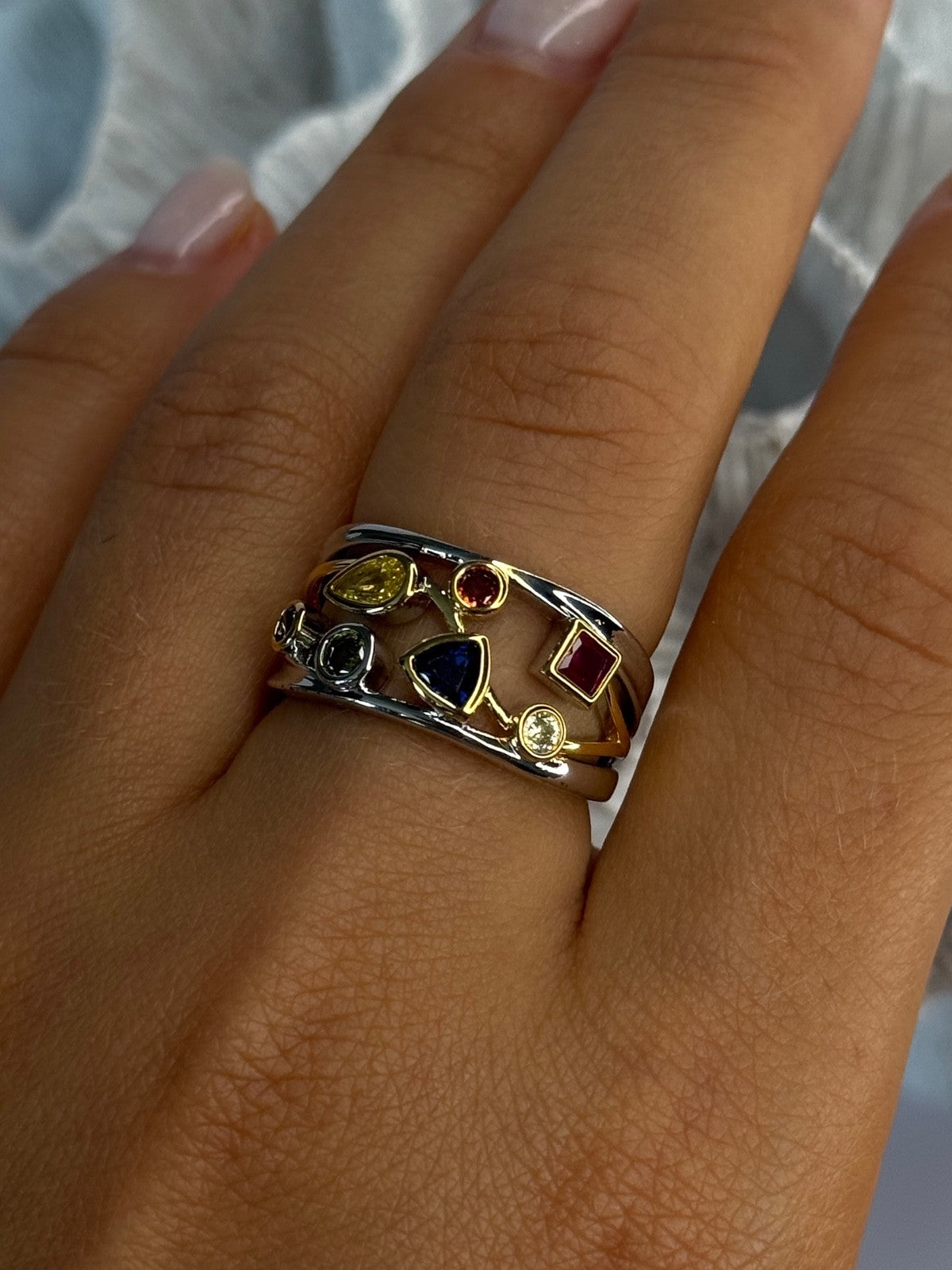 925 Sterling Silver Gold Plated Part Multi Color Gemstones Ring Size 8