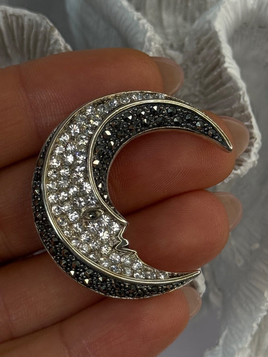 925 Sterling Silver Moon Marcasite & Cz Brooch Length 1.40 Inch