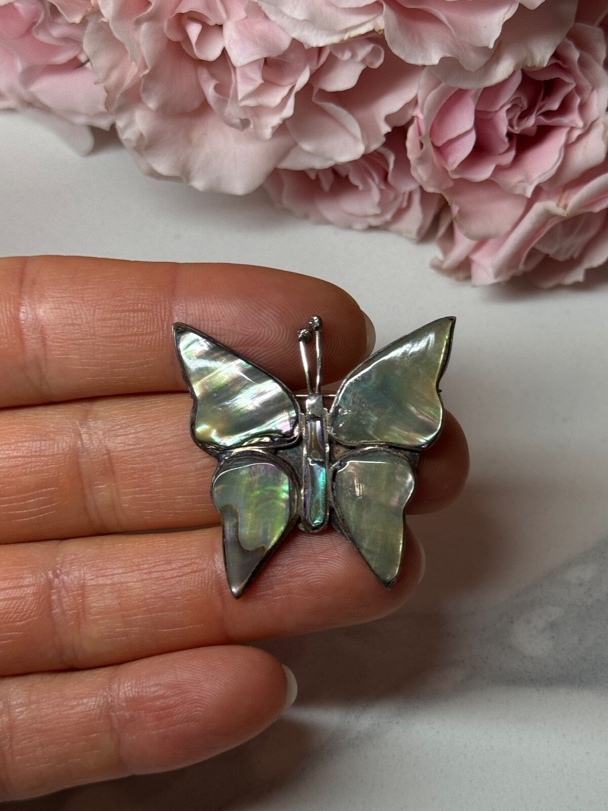 925 Sterling Silver Abalone Brooch Butterfly Length 1.5 In