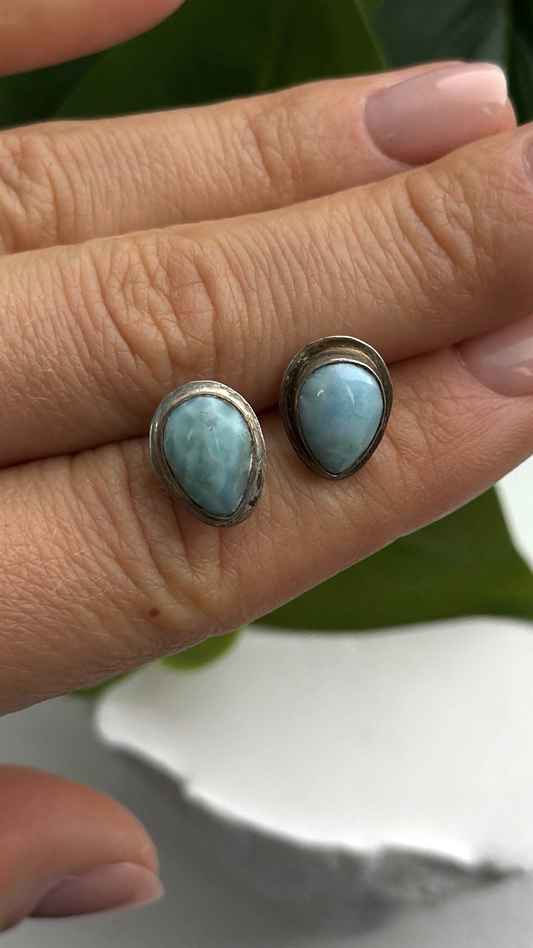 Vintage 925 Sterling Silver Larimar Stud Earrings