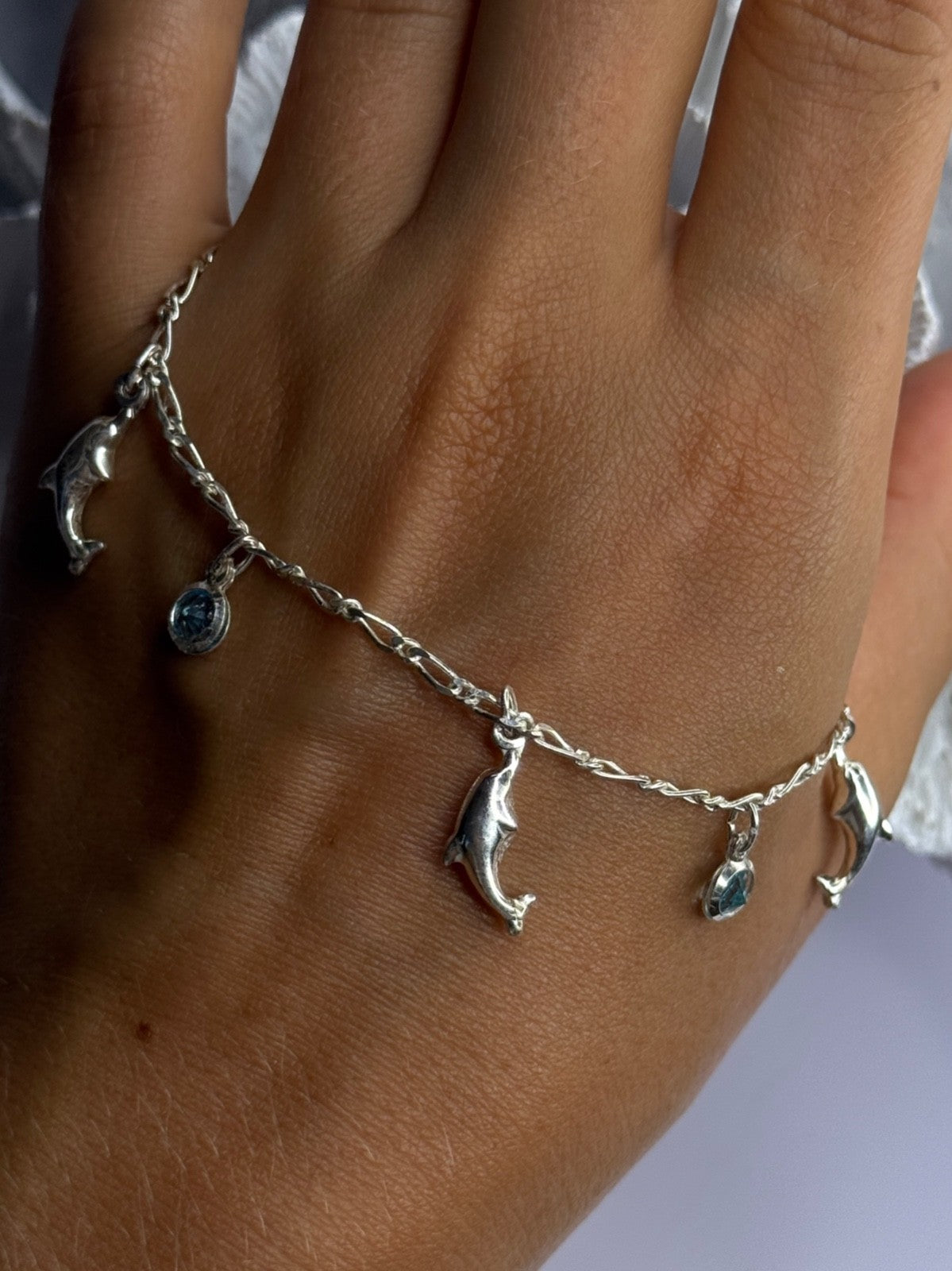 925 Sterling Silver Dolphin Blue Topaz Bracelet Length 7.5