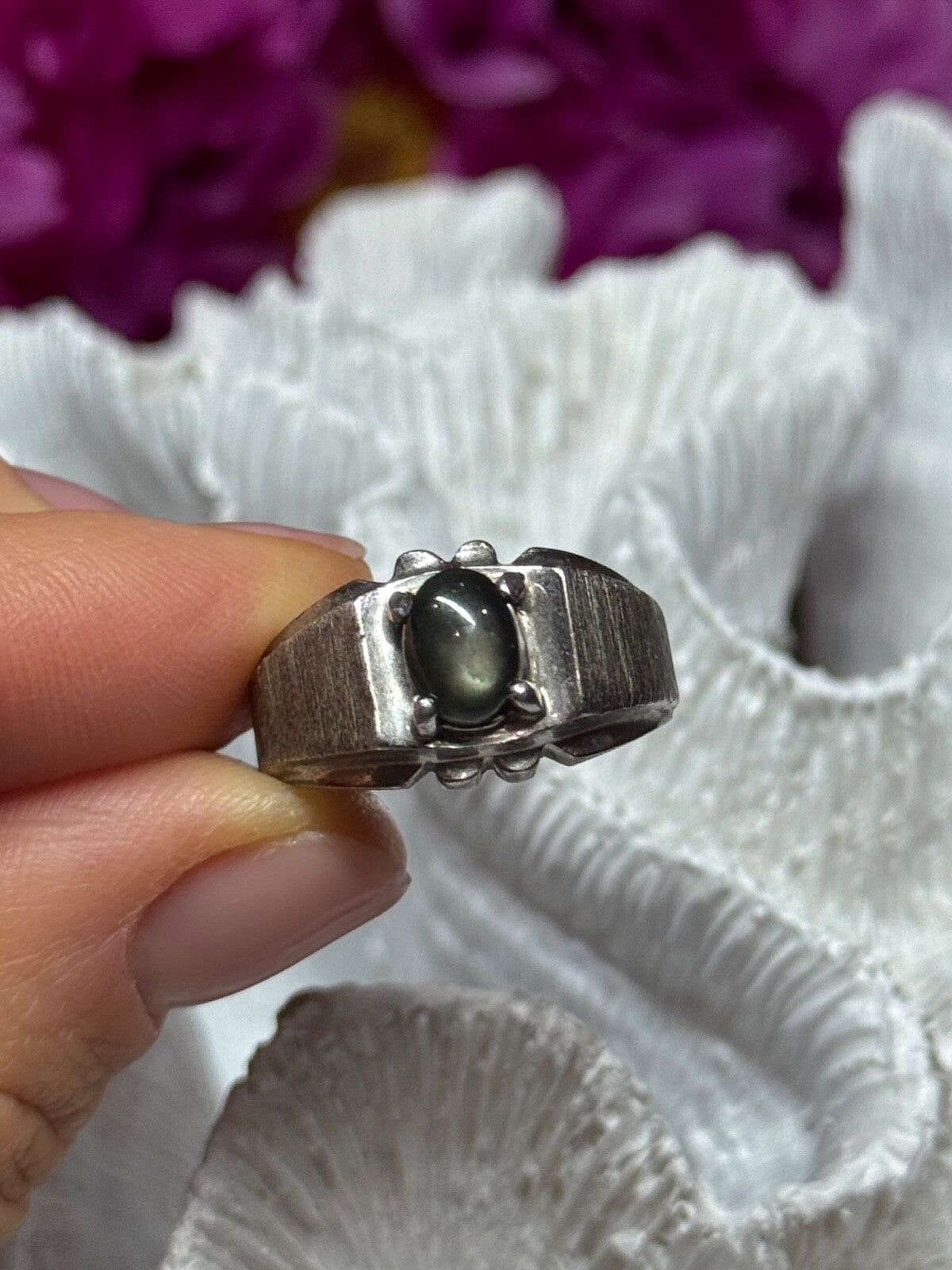 Men'S 925 Sterling Silver Cat'S EYE Tourmaline Ring Size 9