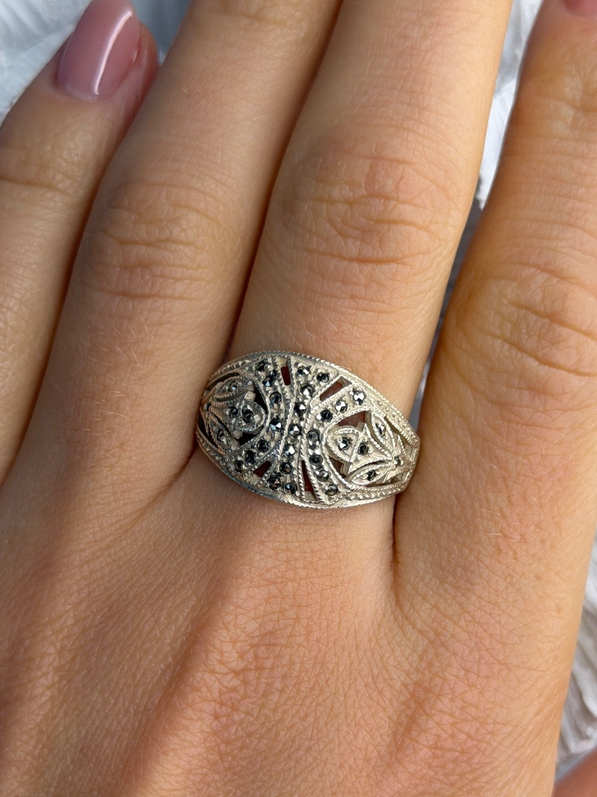 Vintage 925 Sterling Silver Marcasite Ring Size 10